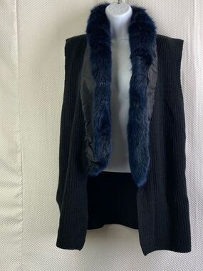 Black Knit Vest with Navy Faux Fur Trim